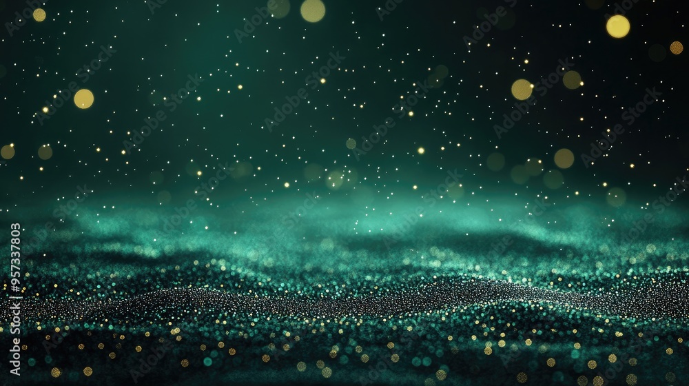 Poster a mesmerizing array of glowing green particles dance across a dark canvas, inviting imagination and 