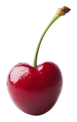 Heart-shaped red cherry with water droplets isolated on transparent background