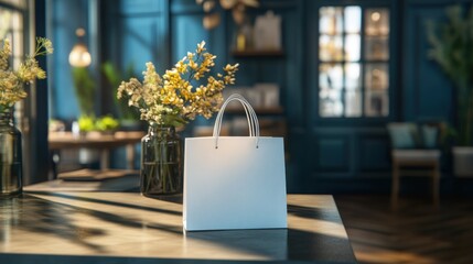 A blank shopping bag on a counter in a stylish boutique