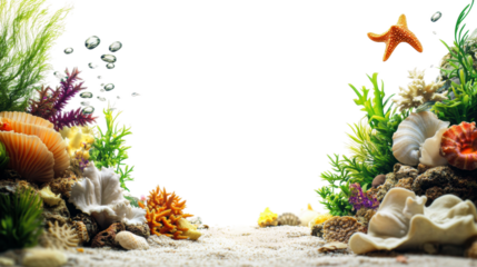 Vibrant underwater landscape featuring colorful corals and seashells isolated on transparent background