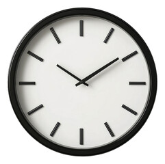 Modern wall clock with black frame showing time in a minimalist style isolated on transparent background