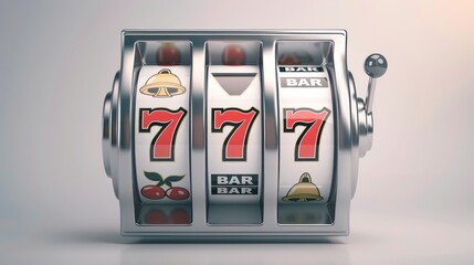 A chrome-plated slot machine with three spinning wheels showing 777, bells, cherries, and bars.