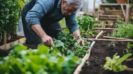 Fototapeta premium Elderly Man Tending to a Vegetable Garden