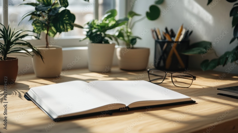 Poster a clean workspace with a blank notebook open for note-taking app mockup