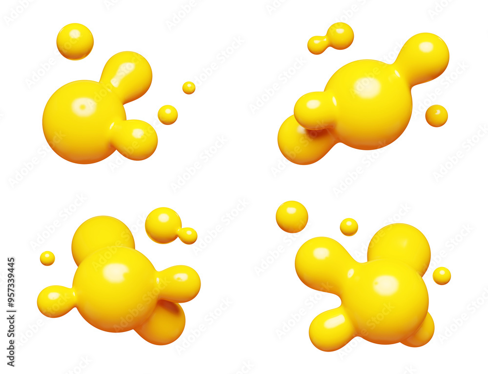 Poster yellow abstract liquid metaball shape. 3d render illustration set of fluid soft bubble blob. organic