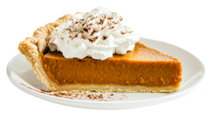 Delicious slice of pumpkin pie topped with whipped cream and spices isolated on transparent background