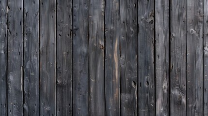 Obraz premium Dark wooden plank wall with vertical grain and a weathered texture in shades of black and grey. Ideal for rustic backgrounds, home decor, or furniture design with copy space for text.