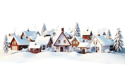 Charming winter village covered in snow during a peaceful morning isolated on transparent background