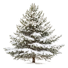 Obraz premium Snow-covered evergreen tree standing alone in winter landscape isolated on transparent background