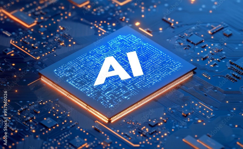 Poster close-up of a glowing ai microchip on a blue circuit board showing artificial intelligence technolog