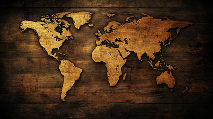 Antique wooden world map with intricate detailing and vintage charm, evoking a sense of exploration and historical richness. Ideal for adding a classic touch to any decor