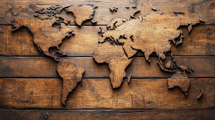 Antique wooden world map with intricate detailing and vintage charm, evoking a sense of exploration and historical richness. Ideal for adding a classic touch to any decor