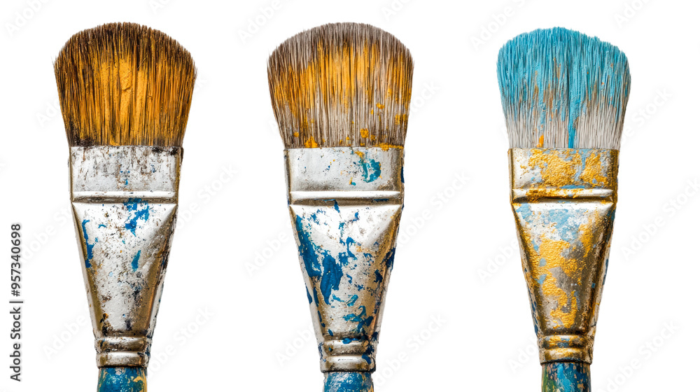 Poster Three worn paintbrushes displaying vibrant colors and textures isolated on transparent background