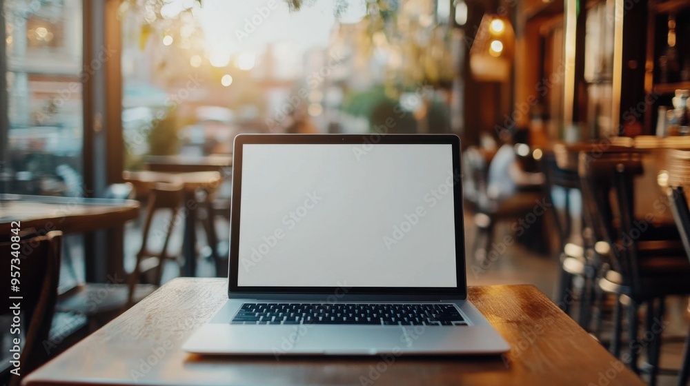 Poster a laptop on a cafa table with a blank screen for website design mockup