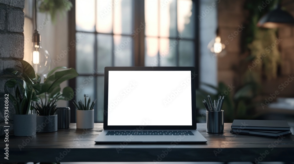 Wall mural A modern office desk with a blank laptop screen ready for a website mockup