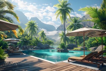 A beautiful, high-resolution view of a tropical resorts garden, with a turquoise swimming pool.
