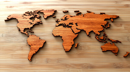 Antique wooden world map with intricate detailing and vintage charm, evoking a sense of exploration and historical richness. Ideal for adding a classic touch to any decor