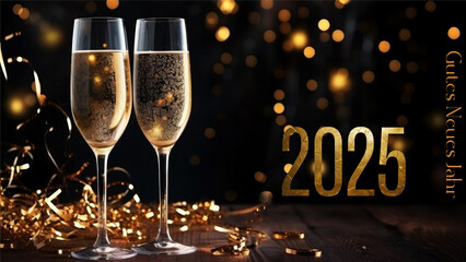 Luxuri&ouml;se Silvester Fest Feier, Neujahr, Gru&szlig;karte, Gl&auml;ser mit Champagne oder Wein mit goldenem Band und 2025 Jahreszahl auf dunklem Hintergrund mit text