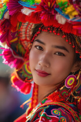 A woman wearing a colorful hat and earrings