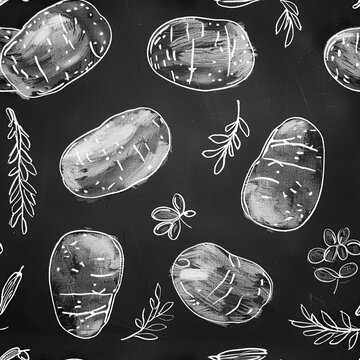 Seamless pattern of hand-drawn potatoes in white on a chalkboard-style black background, chalk illustration of potatoes