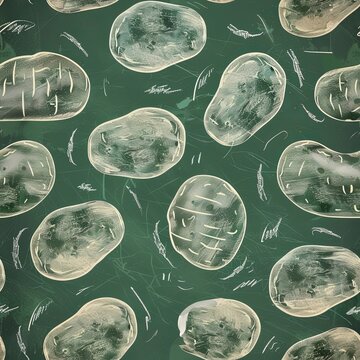 Seamless pattern of hand-drawn potatoes in white on a chalkboard-style green background, chal