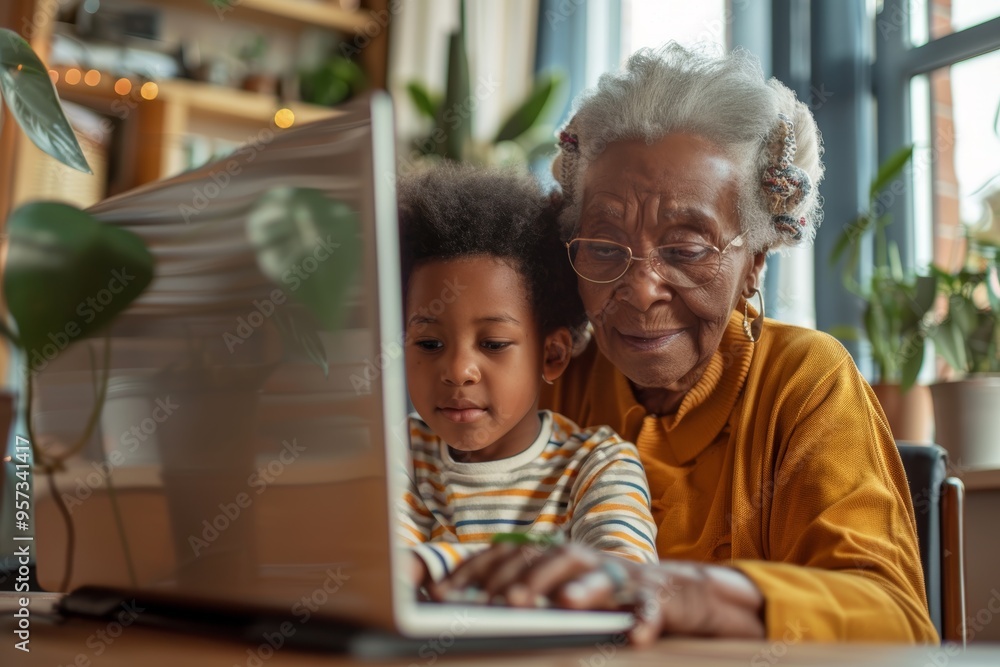 Poster intergenerational learning: grandparent and child exploring digital literacy on a computer