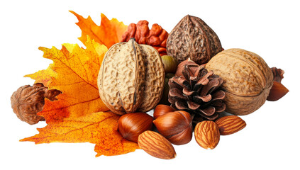 Autumn harvest arrangement with nuts and leaves isolated on transparent background