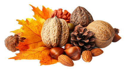 Autumn harvest arrangement with nuts and leaves isolated on transparent background