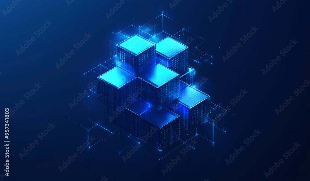 Poster abstract glowing blue cubes with binary code in digital space