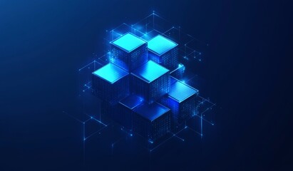 Abstract glowing blue cubes with binary code in digital space