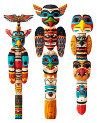 Colorful wooden totem poles displayed in an art gallery setting isolated on transparent background