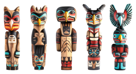 Colorful wooden totem poles displayed in a modern art gallery setting isolated on transparent background