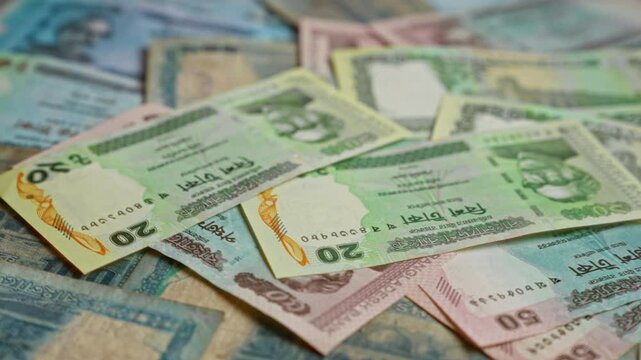 Bangladesh banknotes scattered in close-up displaying vibrant colors and intricate designs, showcasing various denominations including 20 and 50 taka bills.