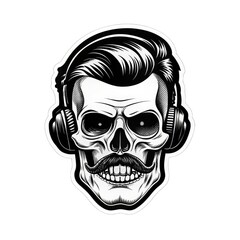 Fototapeta premium A strikingly detailed pop art sticker of a DJ skull adorned with a handlebar mustache and a stylish posh undercut haircut against a solid black background. Intricate Pop Art Sticker of DJ Skull with