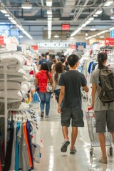 Obraz premium Back-to-School Shopping: Families Choosing Dorm Room Essentials in a Busy Department Store