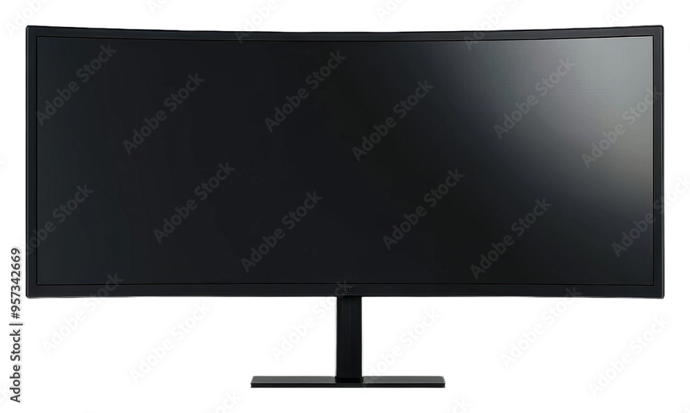 Poster modern curved monitor on a sleek stand in a minimal workspace isolated on transparent background
