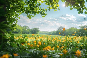 A beautiful spring meadow landscape with vibrant yellow flowers.