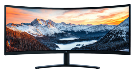 Expansive curved monitor showcasing a vibrant mountain sunset view isolated on transparent background