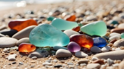 Take a closer look at the shore and you'll find a stunning display of multicolored sea pebbles nestled in sparkling green and blue glass. The perfect summer beach background for any creative mind.

