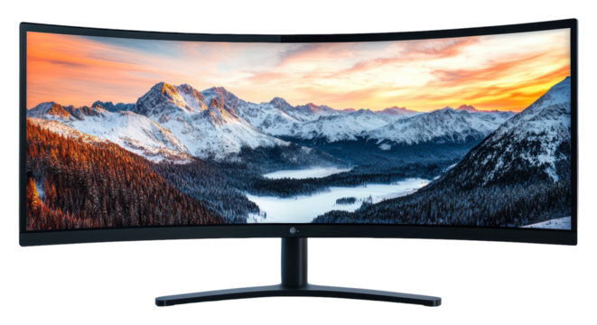 Expansive curved monitor showcasing a vibrant mountain sunset view isolated on transparent background - Powered by Adobe