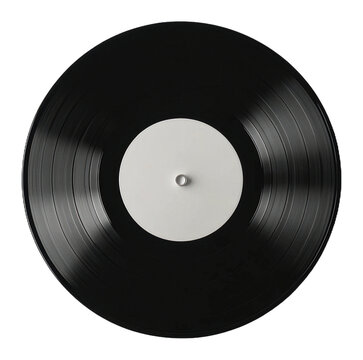 Classic vinyl record spinning on turntable with blank label isolated on transparent background