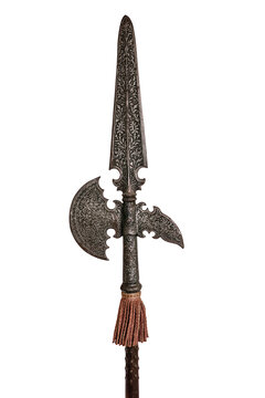 old and vintage halberd on white, isolated