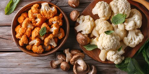 Fototapeta premium Wooden Table with Bowls of Mixed Vegetables Including Cauliflower and Mushrooms