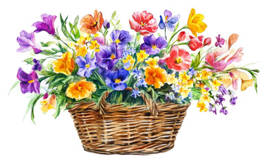 Colorful spring flowers arranged in a woven basket centerpiece isolated on transparent background