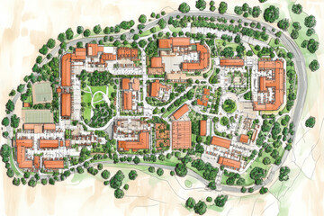 Fototapeta premium A drawing of a residential area with a park and a tennis court