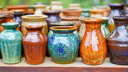 ceramic art piece with a soft focus background of various blurred ceramics, showcasing intricate textures and muted colors, symbolizing craftsmanship and artistic expression