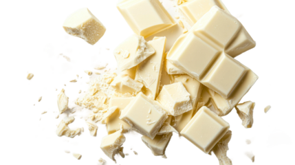 White chocolate pieces scattered isolated on transparent background