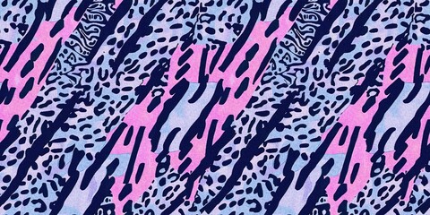 Obraz premium Fun girly camouflage border pattern in vibrant stripes and spotted seamless design . Modern skin banner texture patched effect for festival and beach wear style in ribbon repeat.