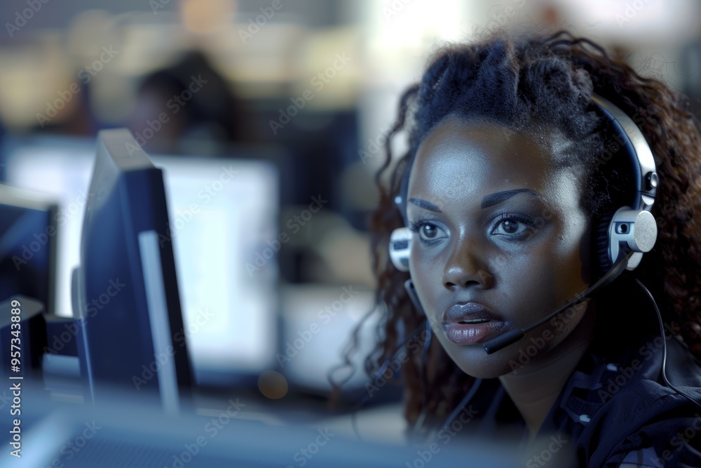 Poster focused customer service representative in active call center environment