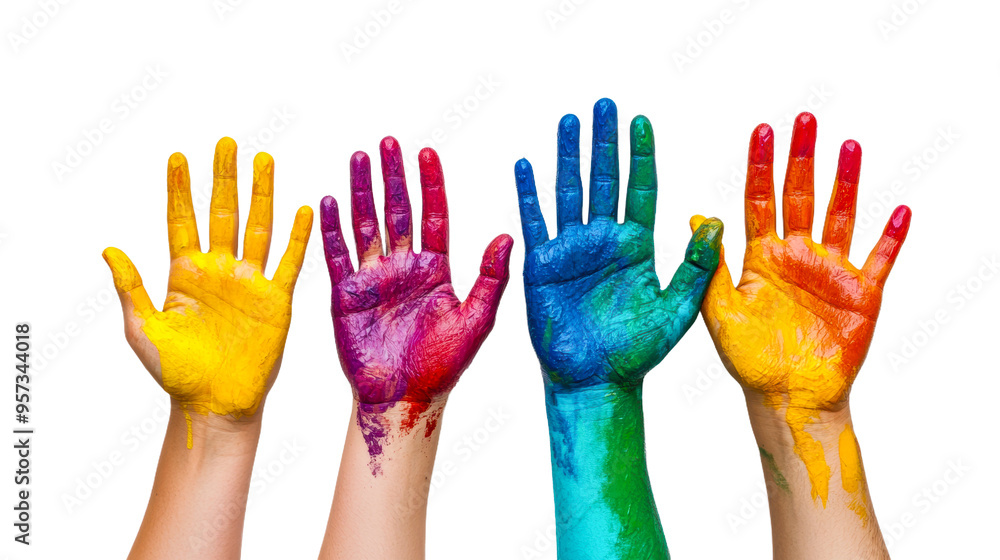Poster colorful handprints showcasing creativity with paint on canvas isolated on transparent background